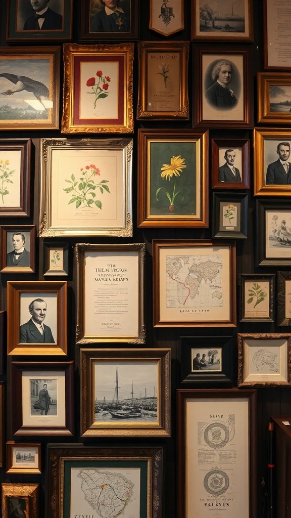 Un mur de galerie rempli de cadres vintage présentant des portraits, des gravures botaniques et des illustrations littéraires.
