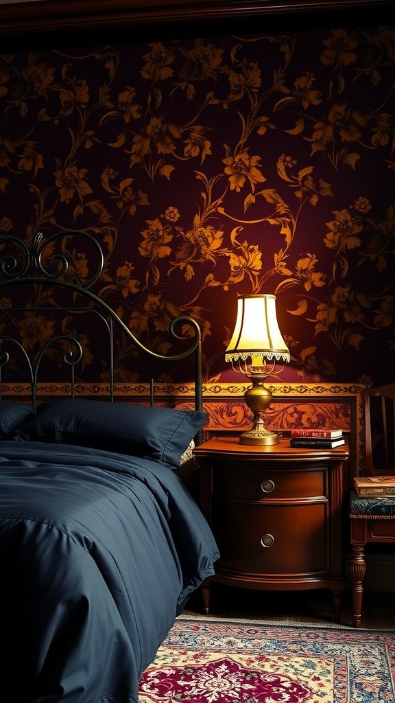 Une chambre confortable avec du papier peint floral foncé, un lit en fer forgé noir, une lampe chaleureuse et une décoration vintage.