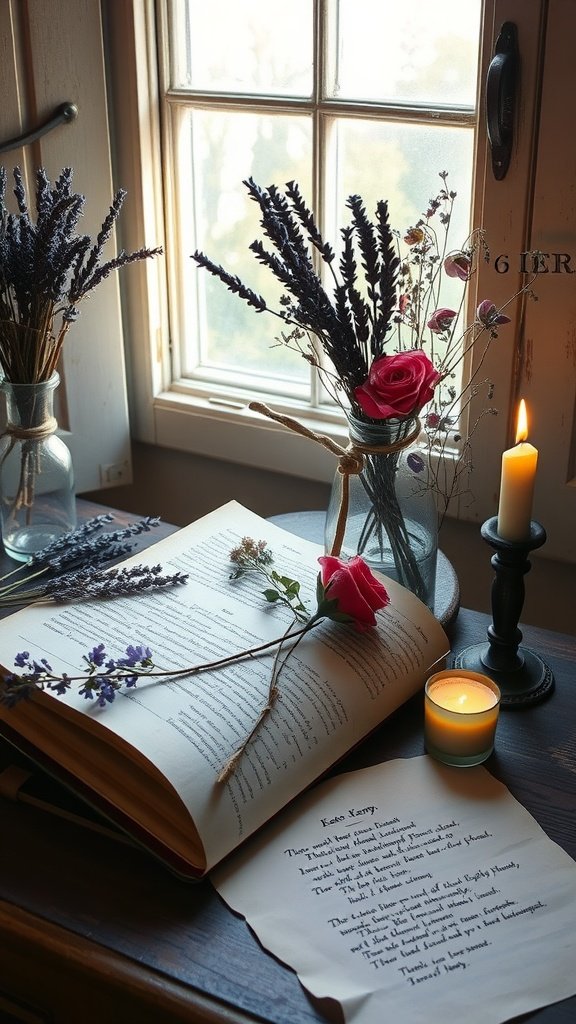 Un arrangement chaleureux de fleurs séchées et d'herbes sur une table en bois près d'une fenêtre, avec une bougie et un livre ouvert.
