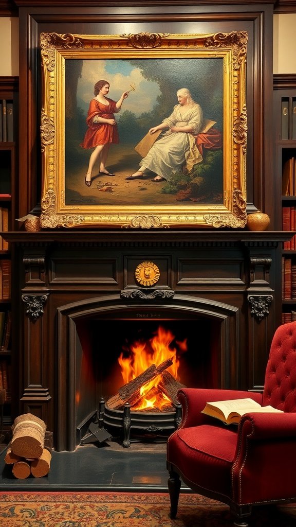 Une cheminée joliment décorée avec des bûches empilées à côté d'un fauteuil rouge et une peinture colorée au-dessus.