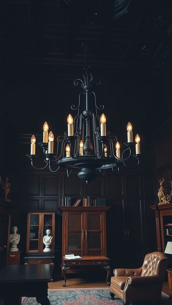 Un lustre sombre et orné suspendu dans une pièce faiblement éclairée avec des meubles et une décoration en bois.