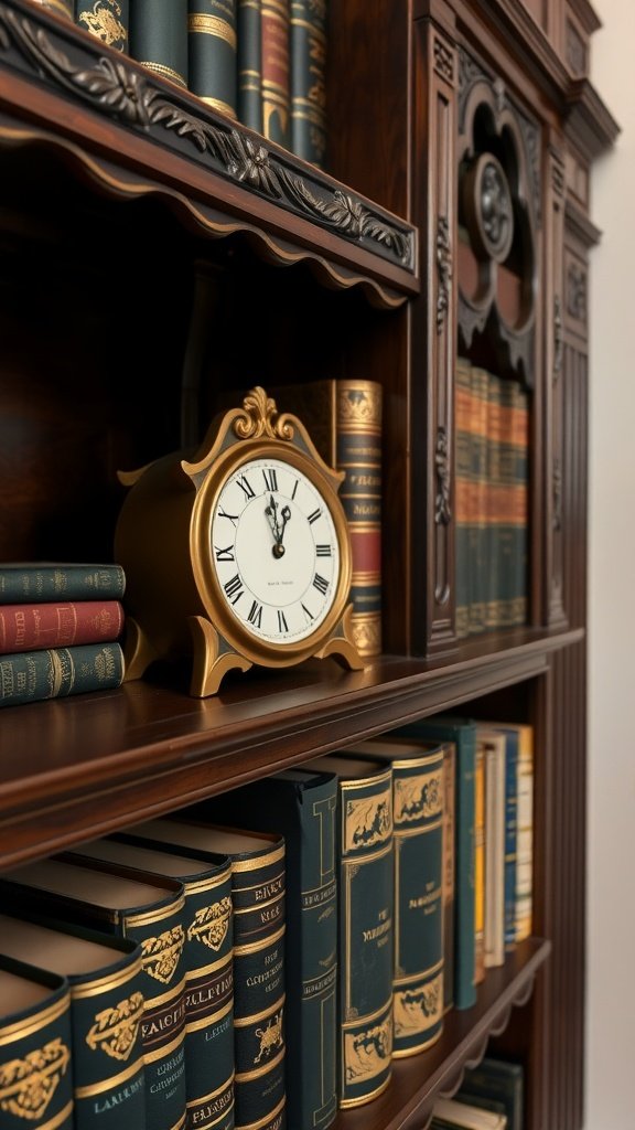 Gros plan d'une étagère en bois présentant des sculptures complexes et une horloge vintage, entourée de livres classiques.