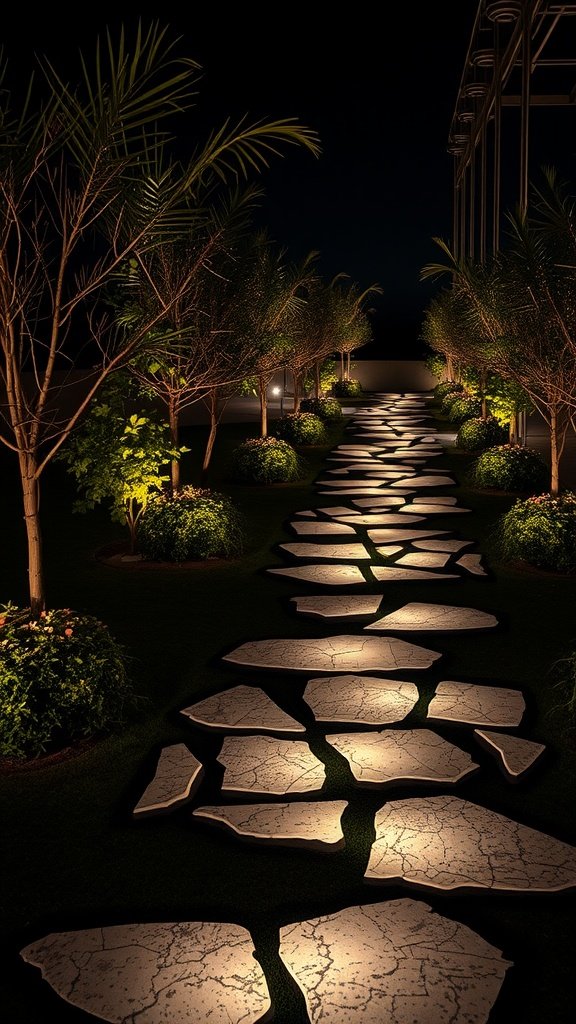 Um caminho lindamente iluminado, ladeado por pedras e vegetação, criando uma atmosfera acolhedora e convidativa.