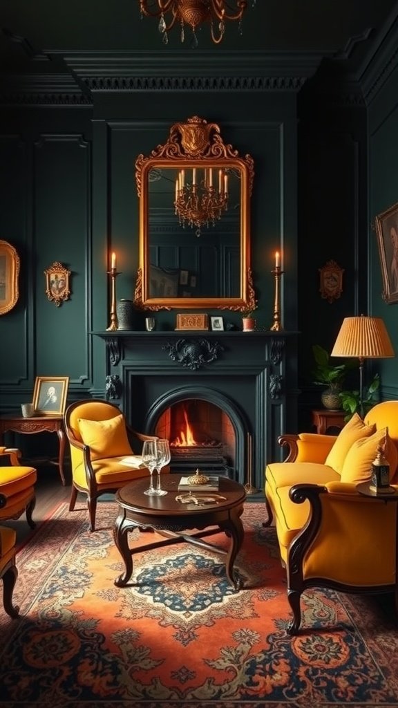 Un salon confortable avec des murs vert foncé, des chaises jaunes et une cheminée, mettant en valeur une esthétique académique sombre.