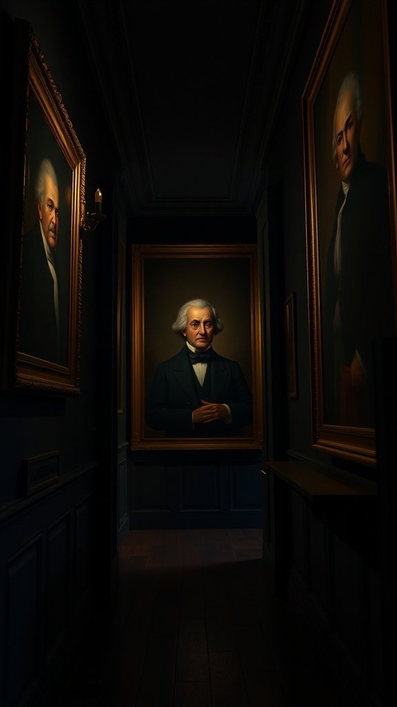 Un couloir faiblement éclairé présentant plusieurs peintures à l'huile et des portraits dans des cadres ornés.