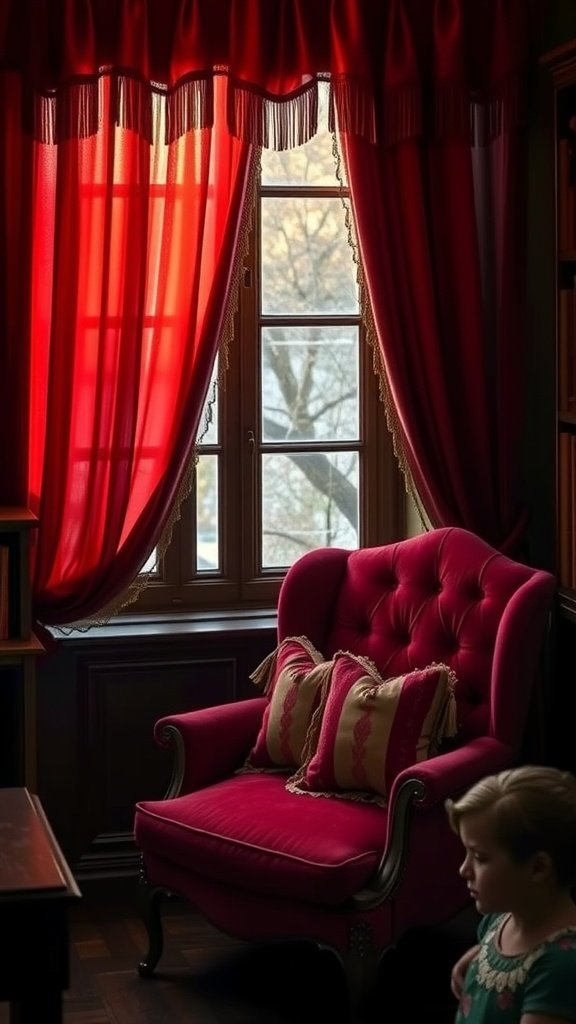 Un coin cosy avec des rideaux rouges ornés de pompons et un fauteuil rose moelleux.