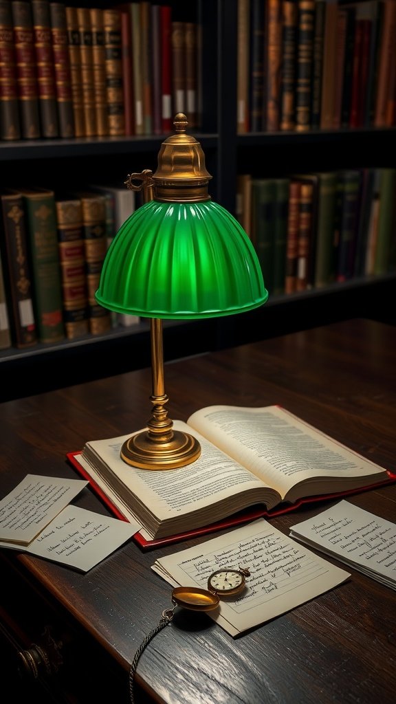 Une lampe de bureau de style victorien avec un abat-jour en verre vert sur un bureau en bois entouré de livres et de notes.