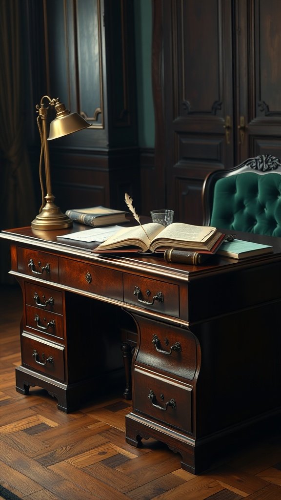 Un bureau en bois vintage avec un livre ouvert, une lampe et une chaise rembourrée verte