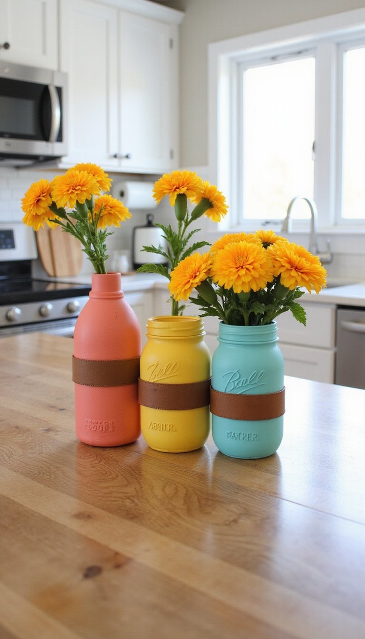 Colorful Mason Jar Vases with Leather Accents