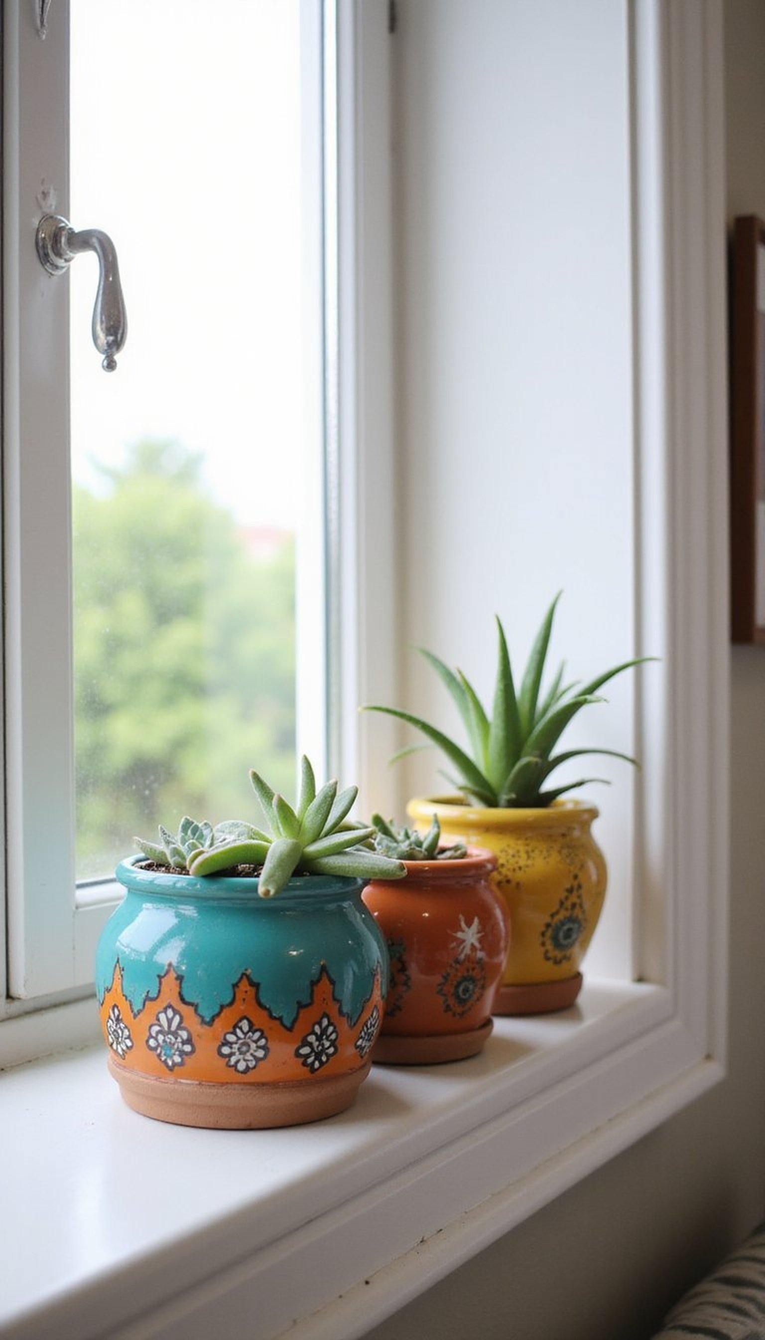 Painted Terracotta Pot Trio with Folk Motifs