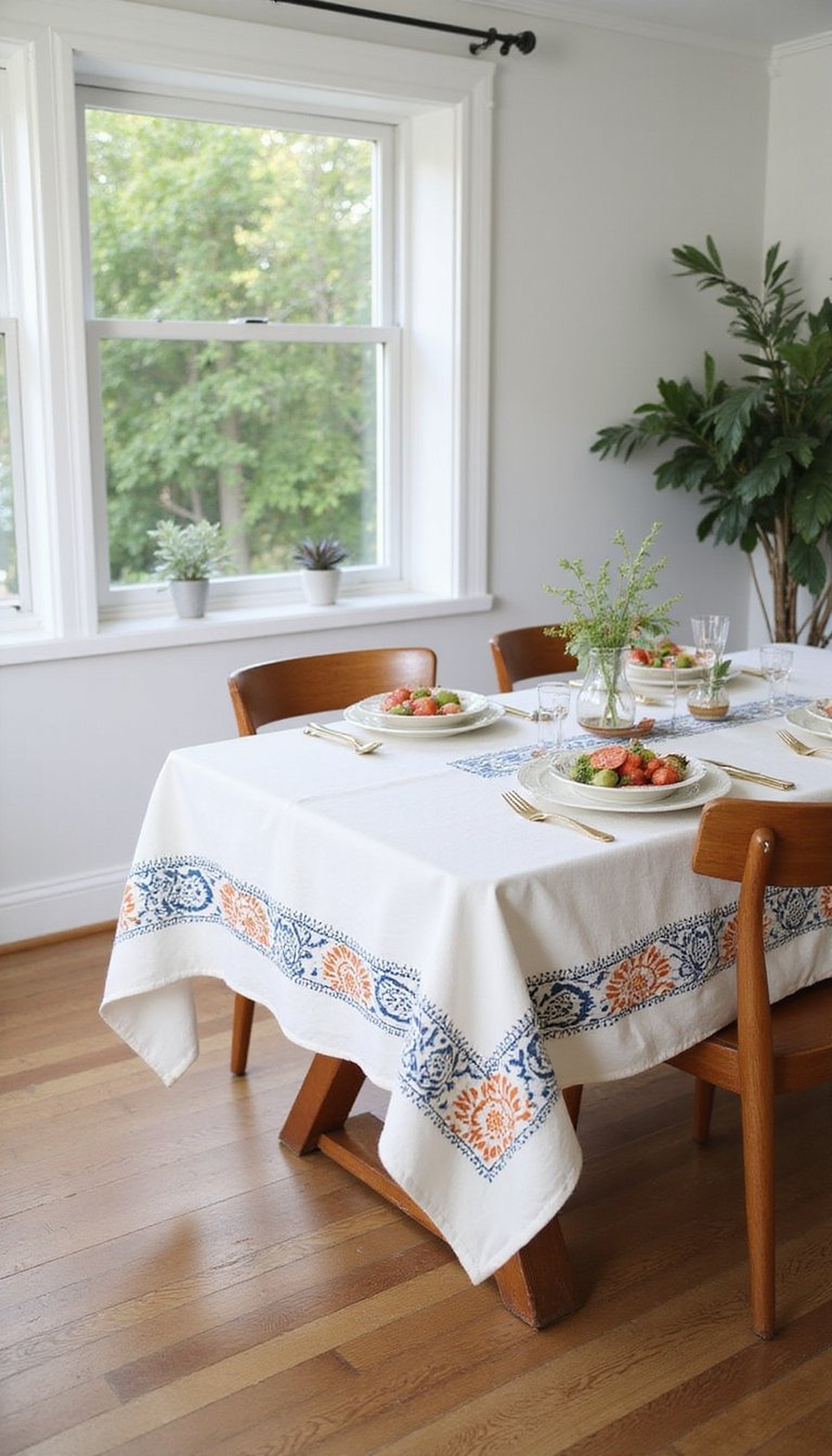 Stenciled Tablecloth with Folk Patterns for Dinner Parties