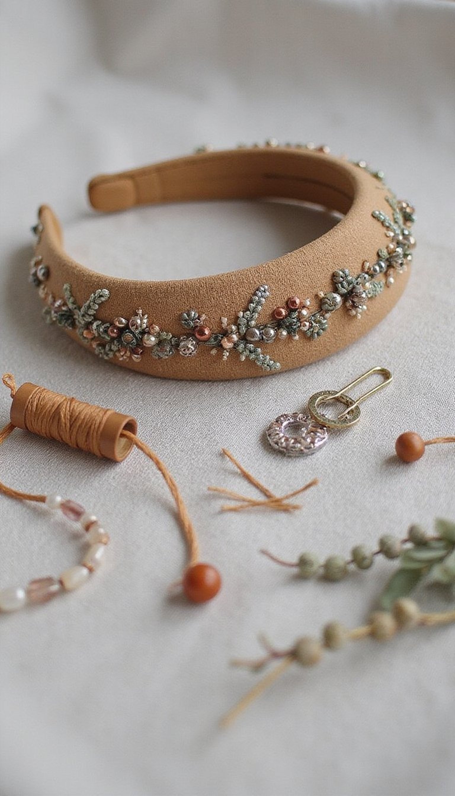 Beaded Headband with Embroidery Accents