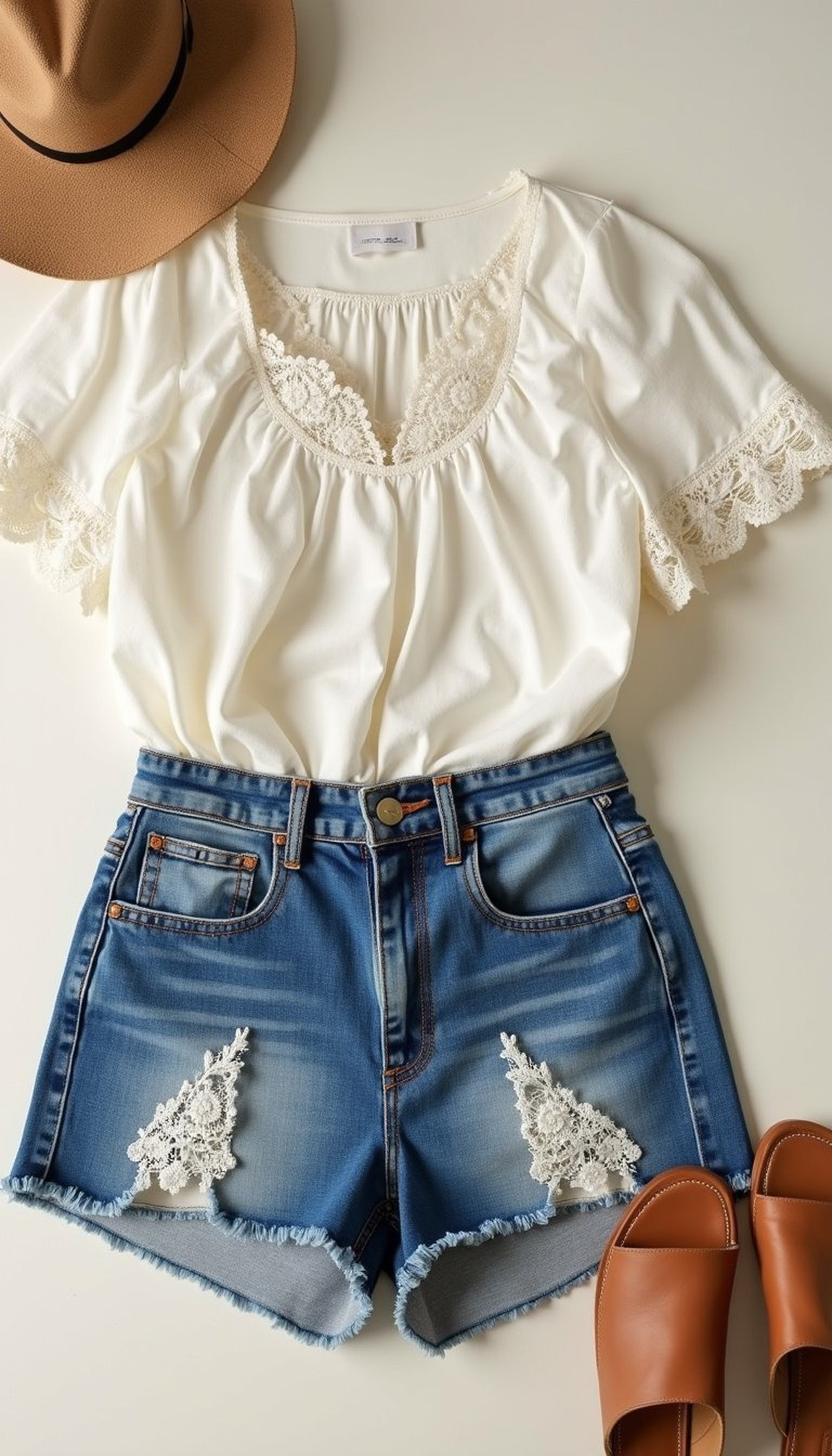 Denim Shorts with Lace Inserts and Scallops