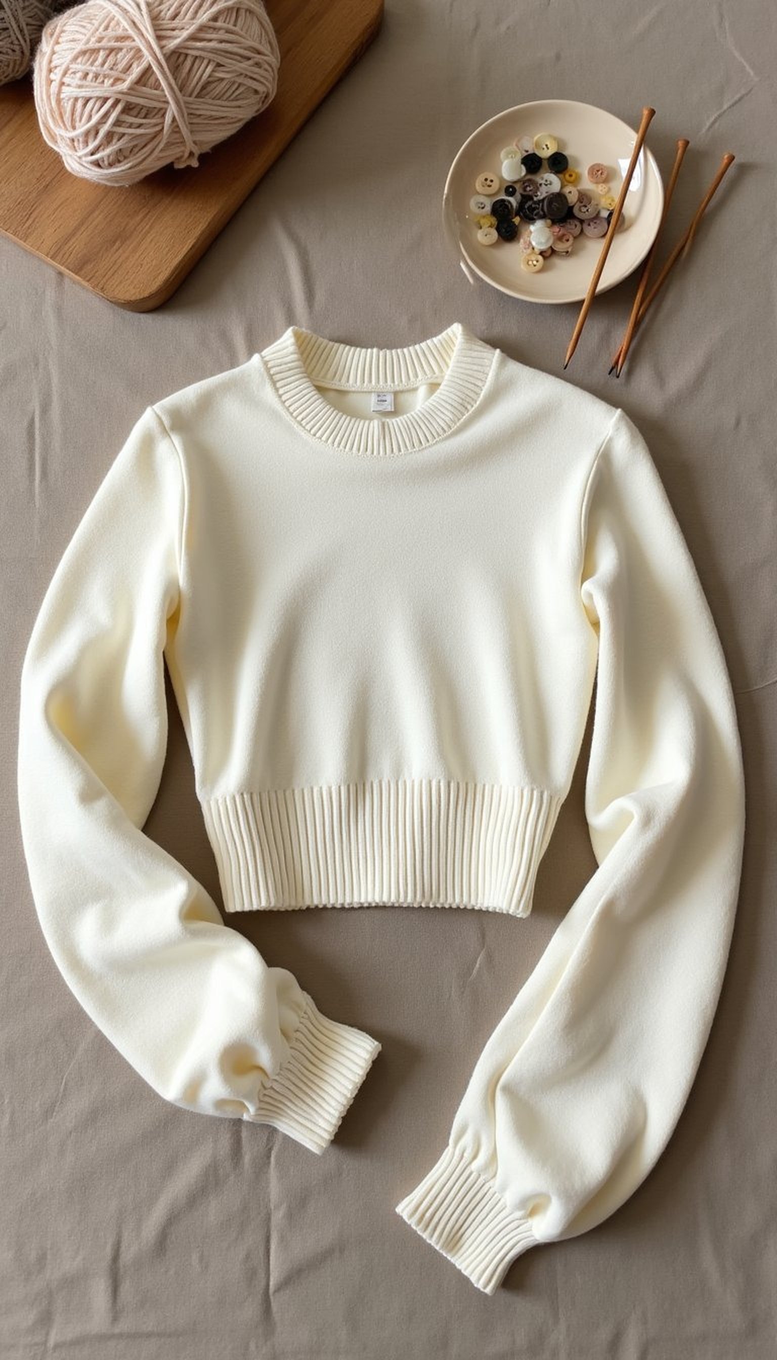 Knit Crop Top with Balloon Sleeves, Handmade Texture