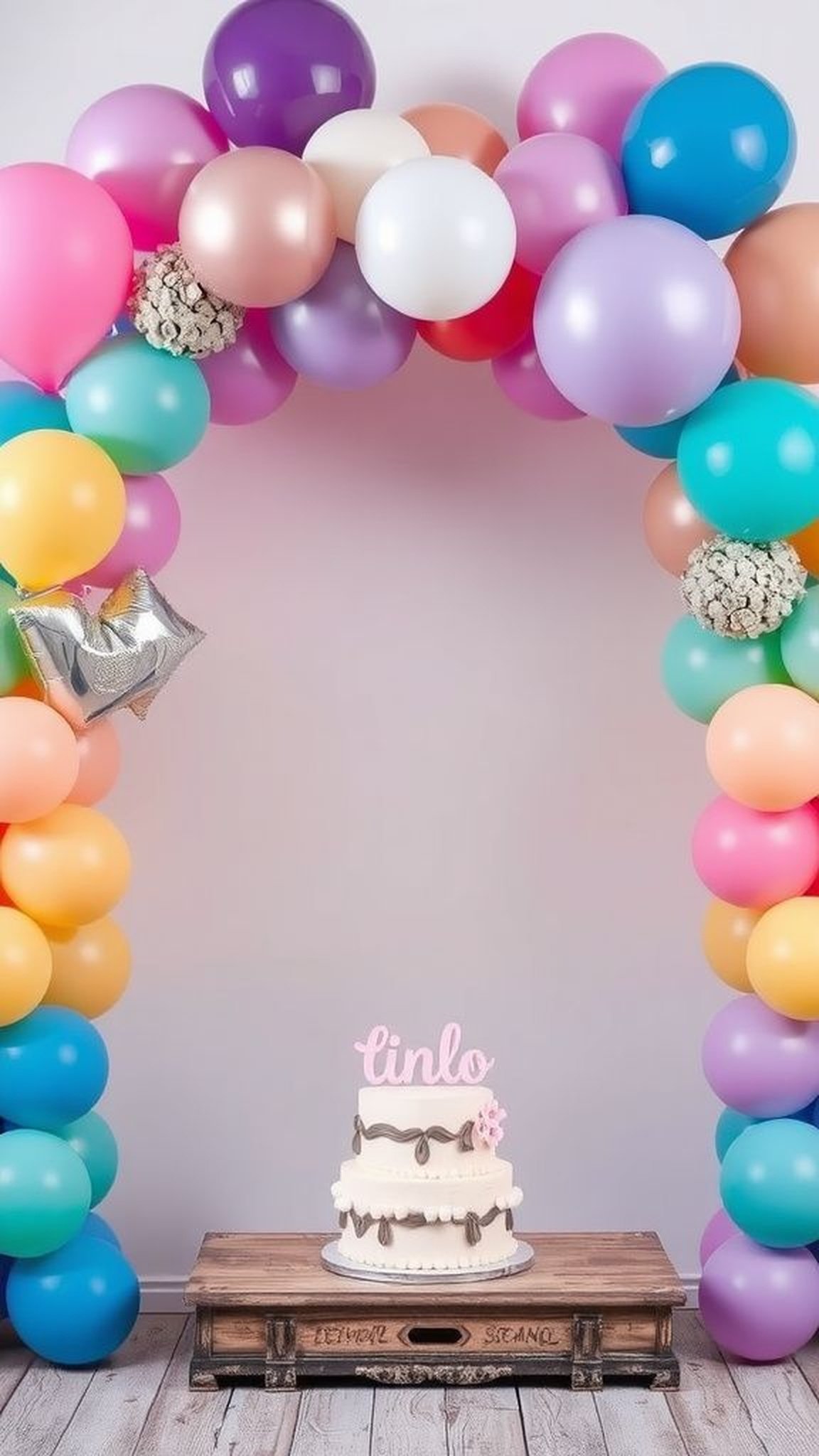 Airy balloon arch that frames the cake table