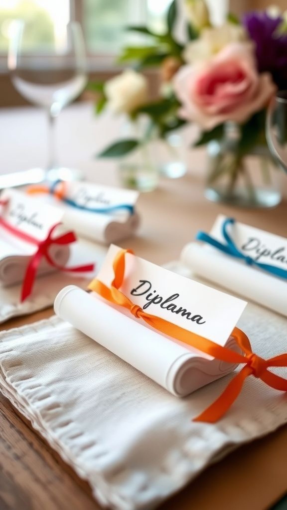 Diploma scroll place cards on each setting