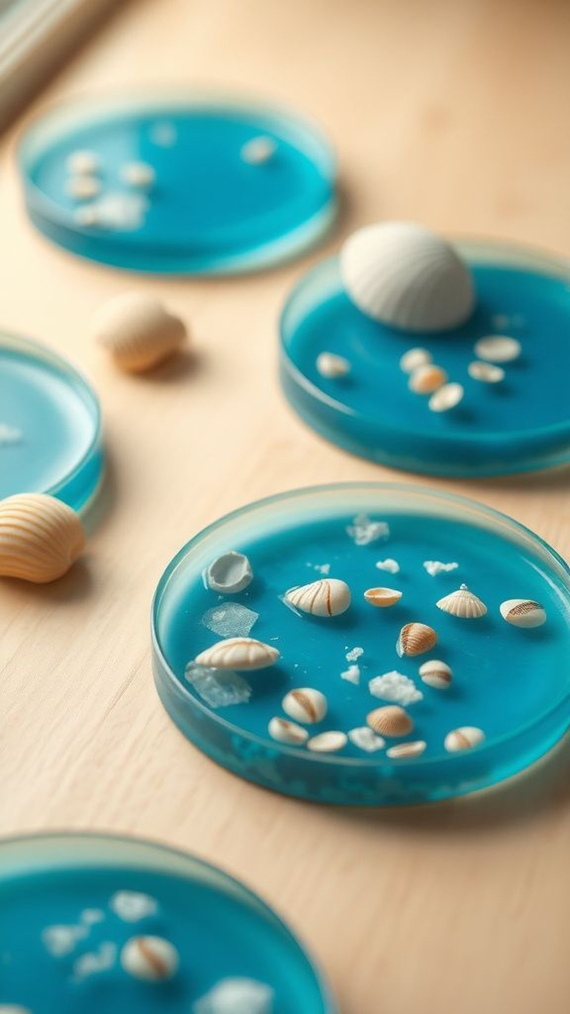 Ocean-inspired blue resin coaster set with shells