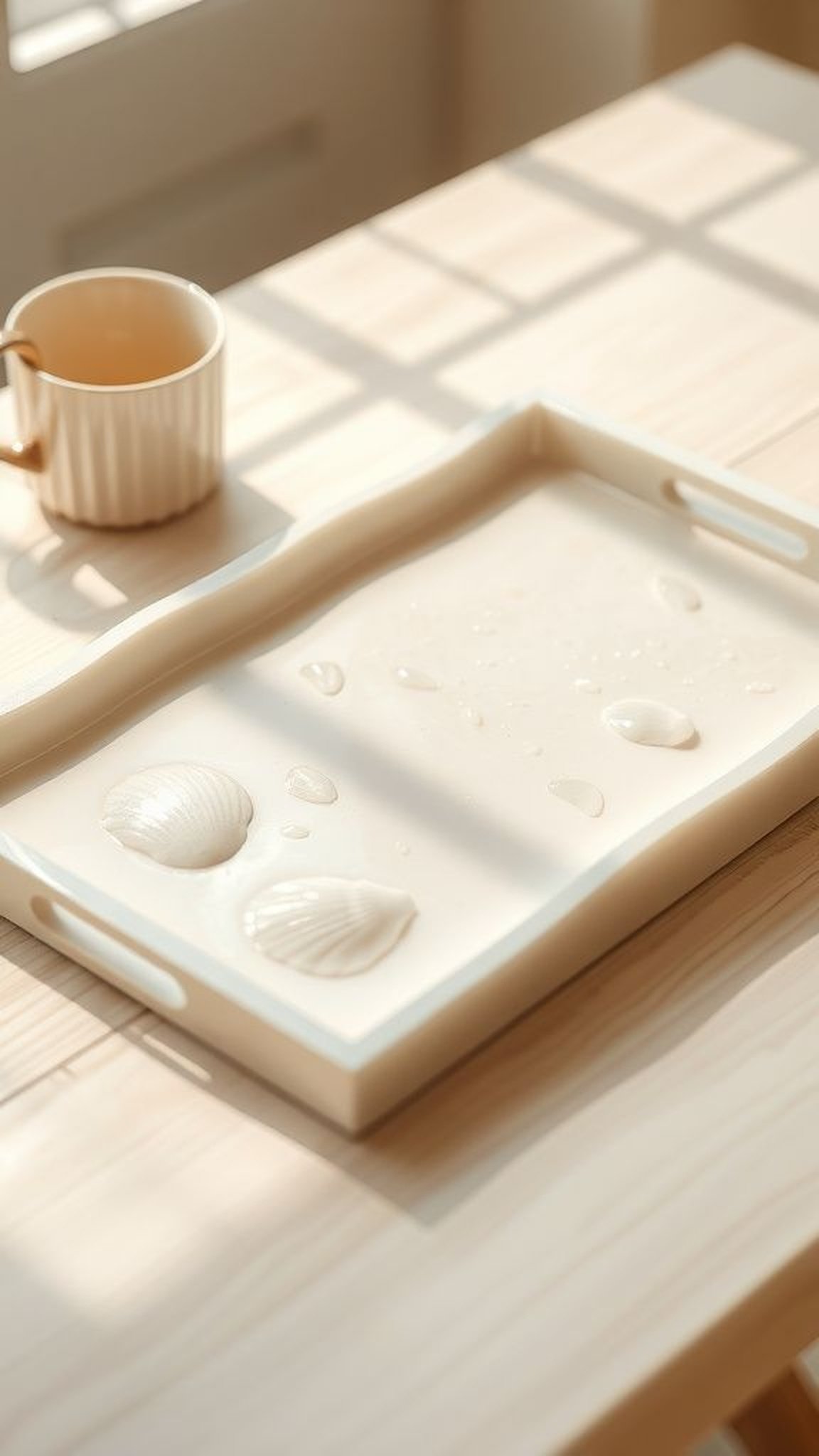 Pearlized shell tray with soft coastal palette