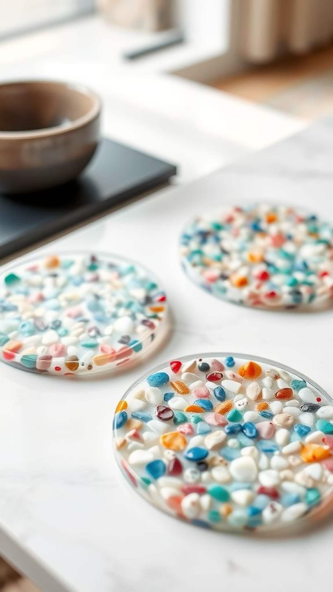 Terrazzo-effect coaster set with colorful chips