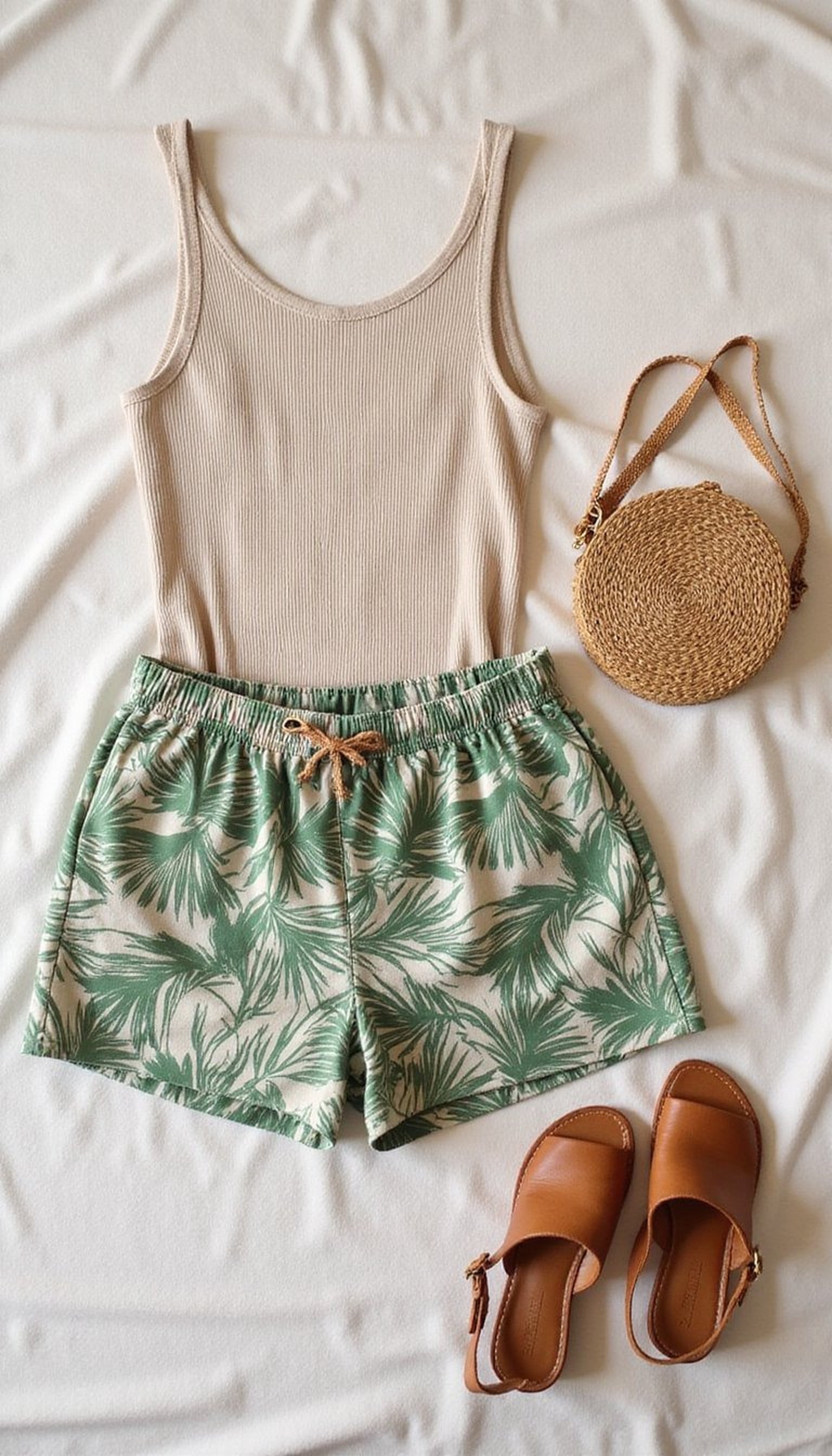 Breezy Palms Print Shorts with Neutral Tank
