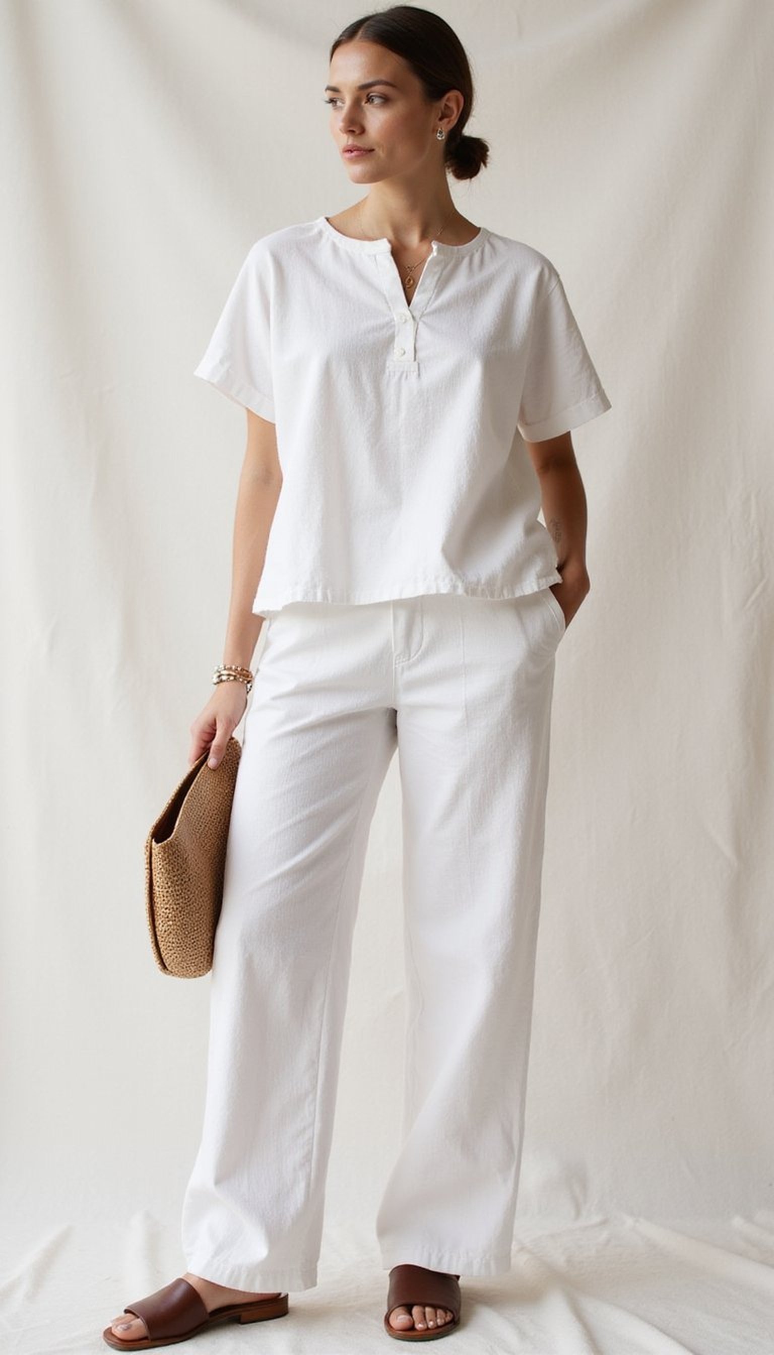 Monochrome White Linen Set: Boxy Top + Pants