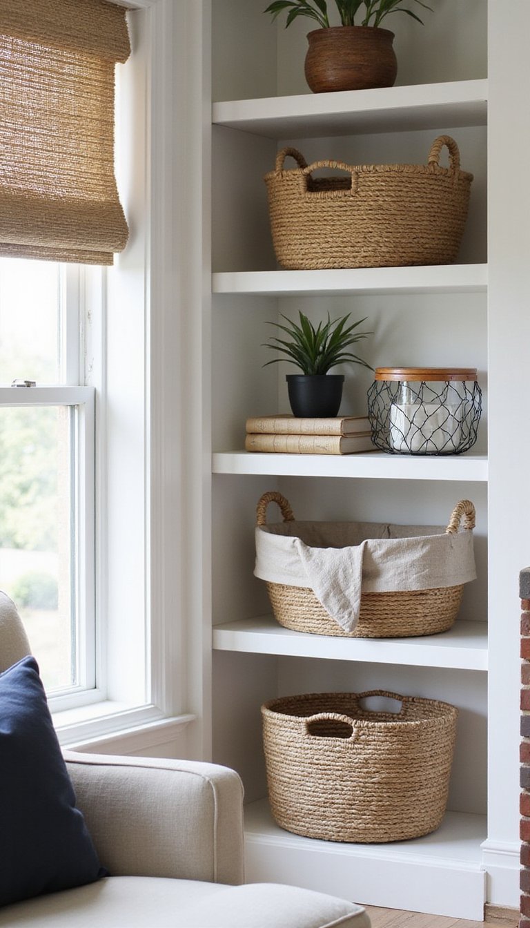Upcycled baskets for sorted shelf storage
