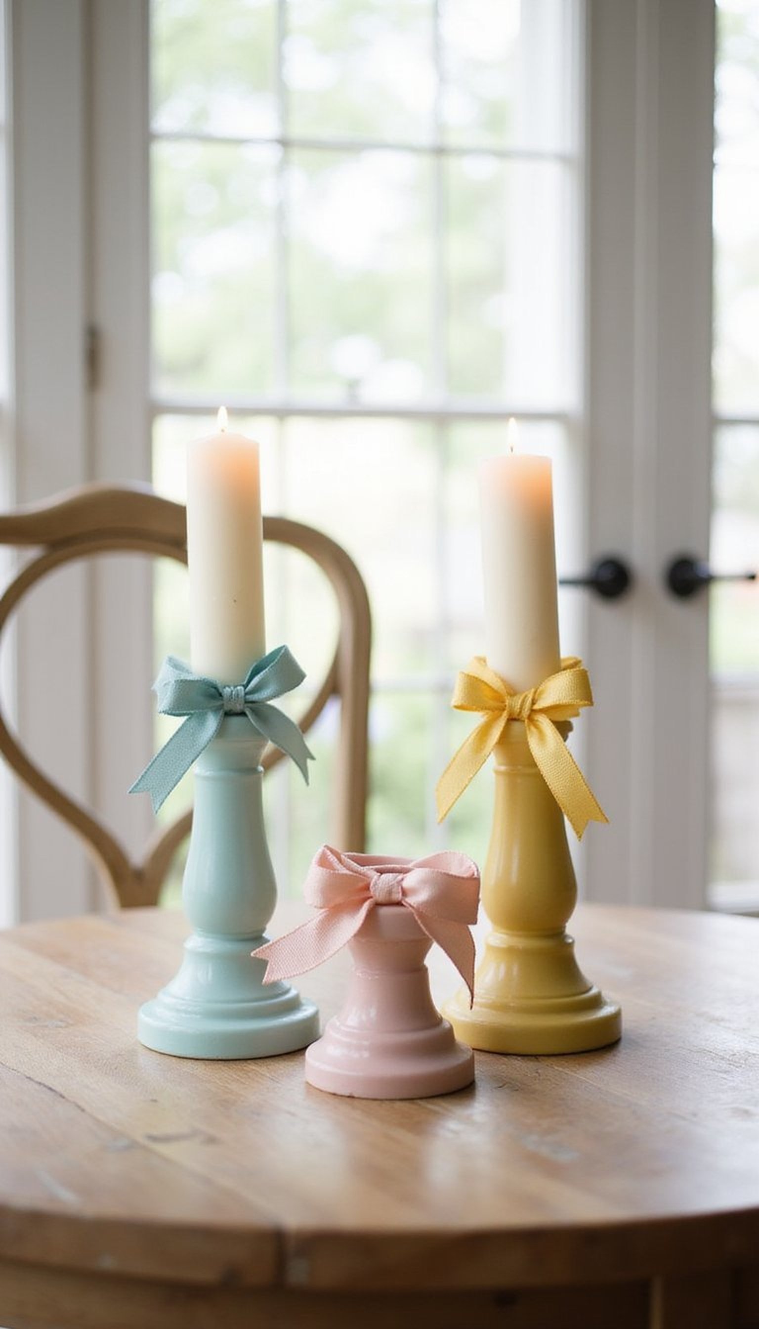 Ribbon-wrapped candleholders with spring hues