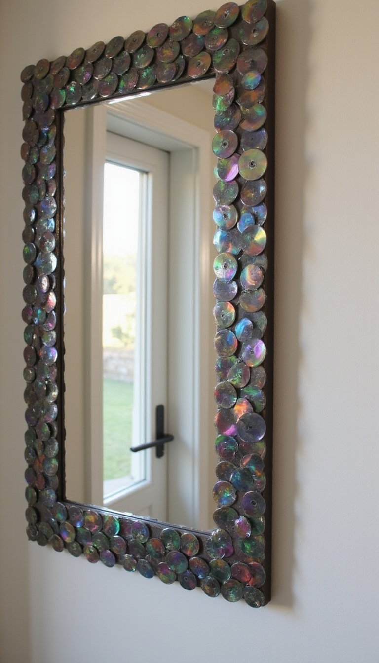 CDs polished into a shiny mosaic mirror frame