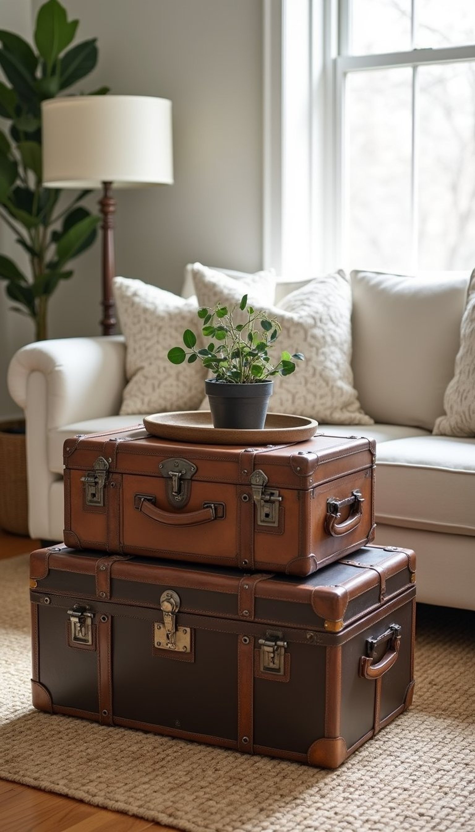 Stacked vintage trunks as a coffee table